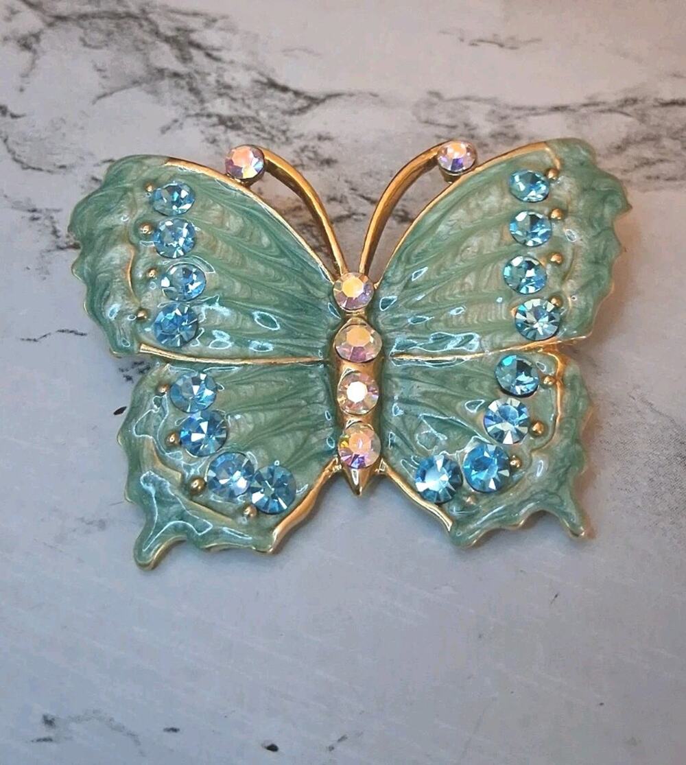 Vintage Old Stock Bejeweled Teal Green Butterfly Brooch Bale Blue Crystals